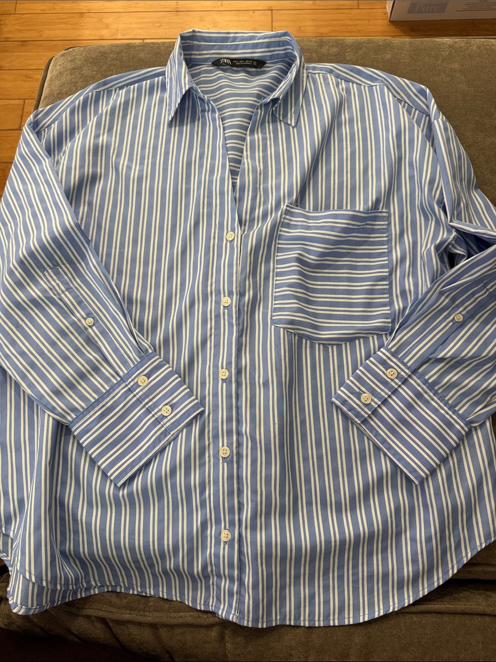 Zara Blue and White Striped Button-Down Shirt